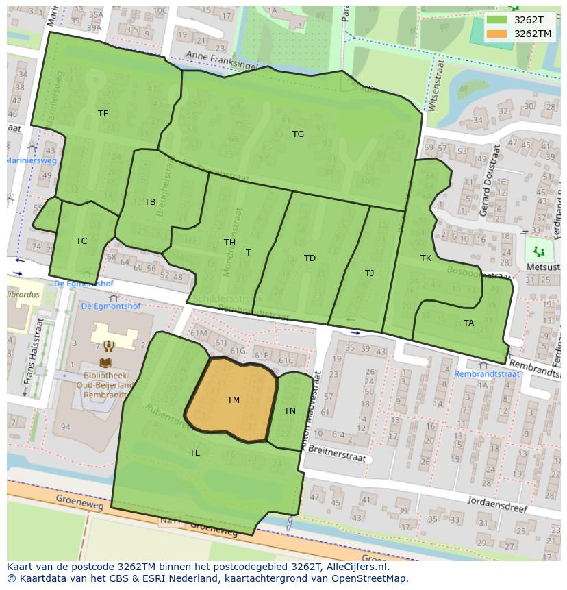 Afbeelding van het postcodegebied 3262 TM op de kaart.