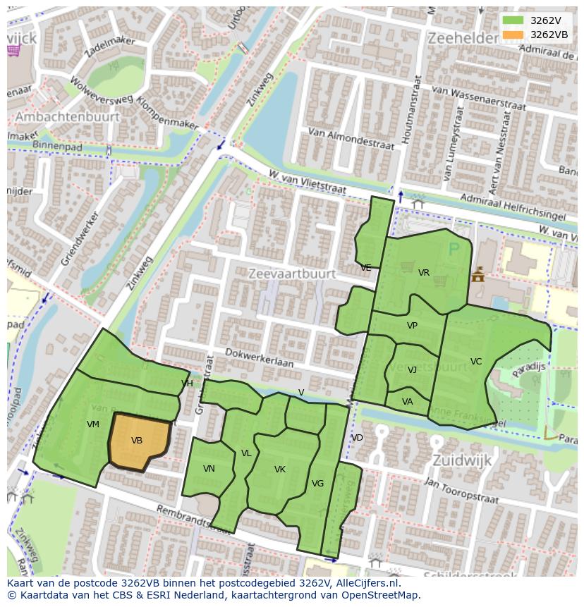 Afbeelding van het postcodegebied 3262 VB op de kaart.