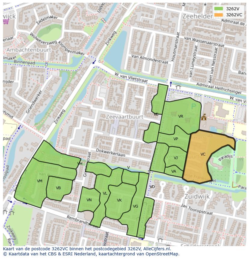 Afbeelding van het postcodegebied 3262 VC op de kaart.