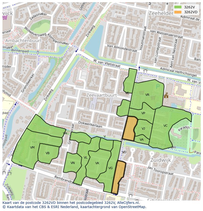 Afbeelding van het postcodegebied 3262 VD op de kaart.