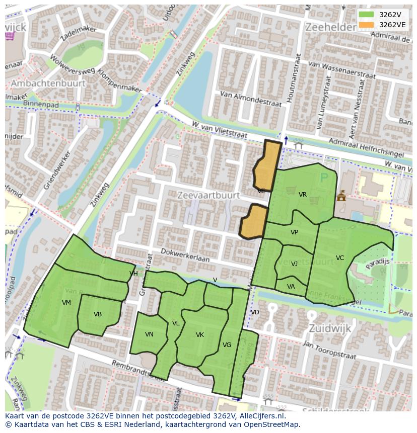 Afbeelding van het postcodegebied 3262 VE op de kaart.