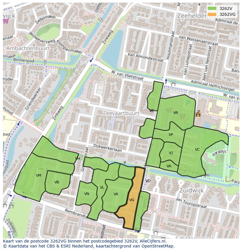 Afbeelding van het postcodegebied 3262 VG op de kaart.