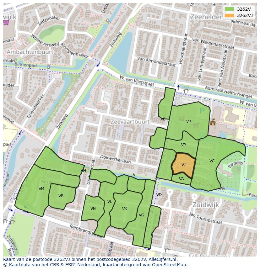 Afbeelding van het postcodegebied 3262 VJ op de kaart.