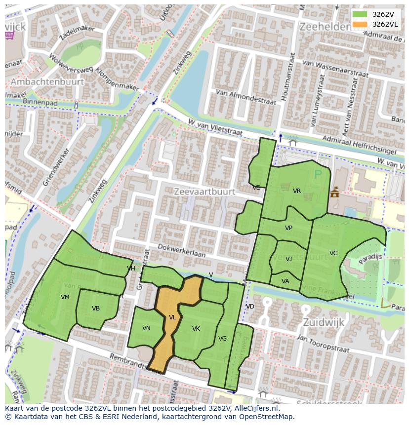 Afbeelding van het postcodegebied 3262 VL op de kaart.