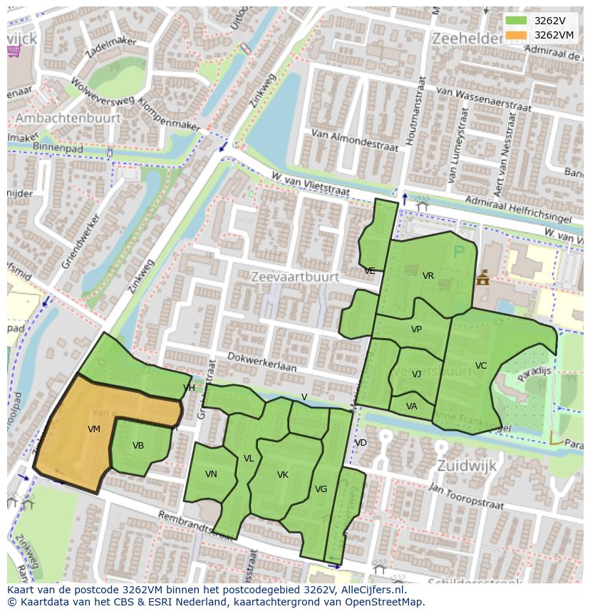 Afbeelding van het postcodegebied 3262 VM op de kaart.