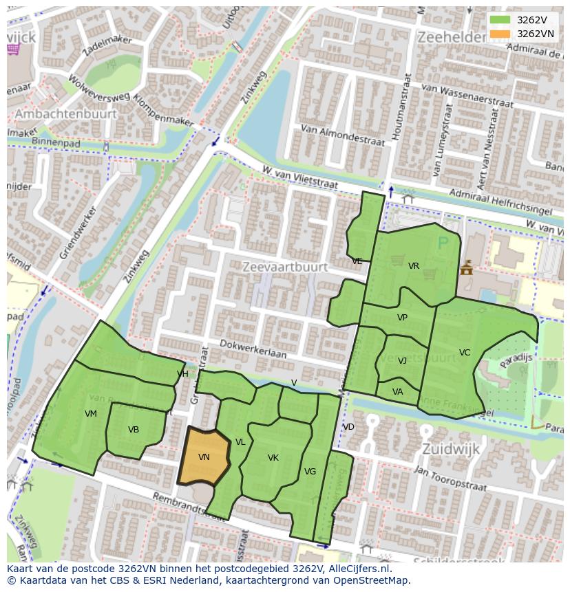 Afbeelding van het postcodegebied 3262 VN op de kaart.