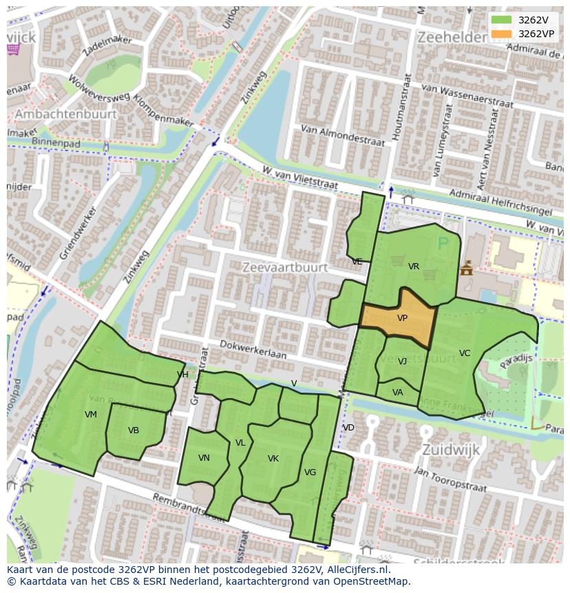 Afbeelding van het postcodegebied 3262 VP op de kaart.
