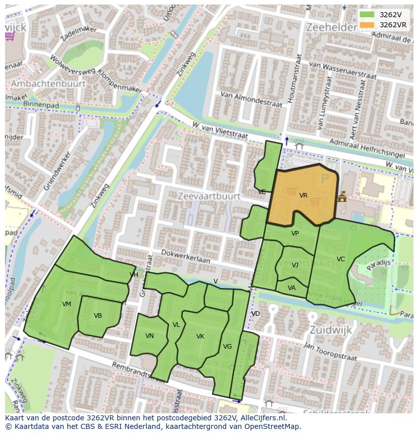 Afbeelding van het postcodegebied 3262 VR op de kaart.