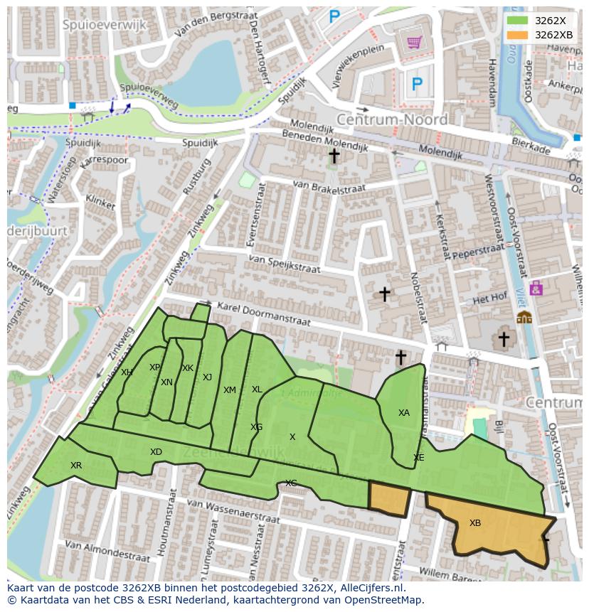 Afbeelding van het postcodegebied 3262 XB op de kaart.