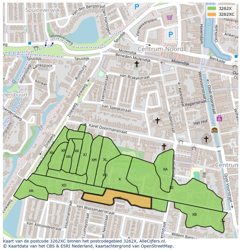 Afbeelding van het postcodegebied 3262 XC op de kaart.