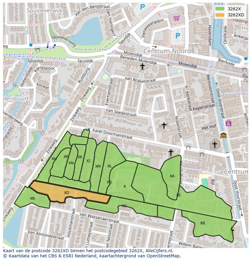 Afbeelding van het postcodegebied 3262 XD op de kaart.