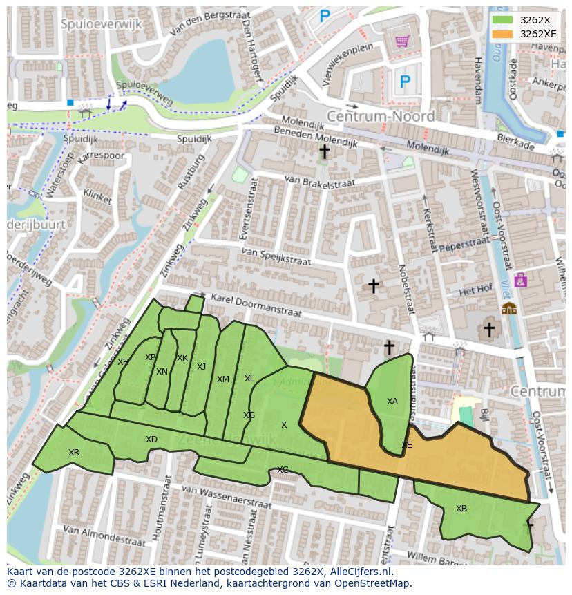 Afbeelding van het postcodegebied 3262 XE op de kaart.