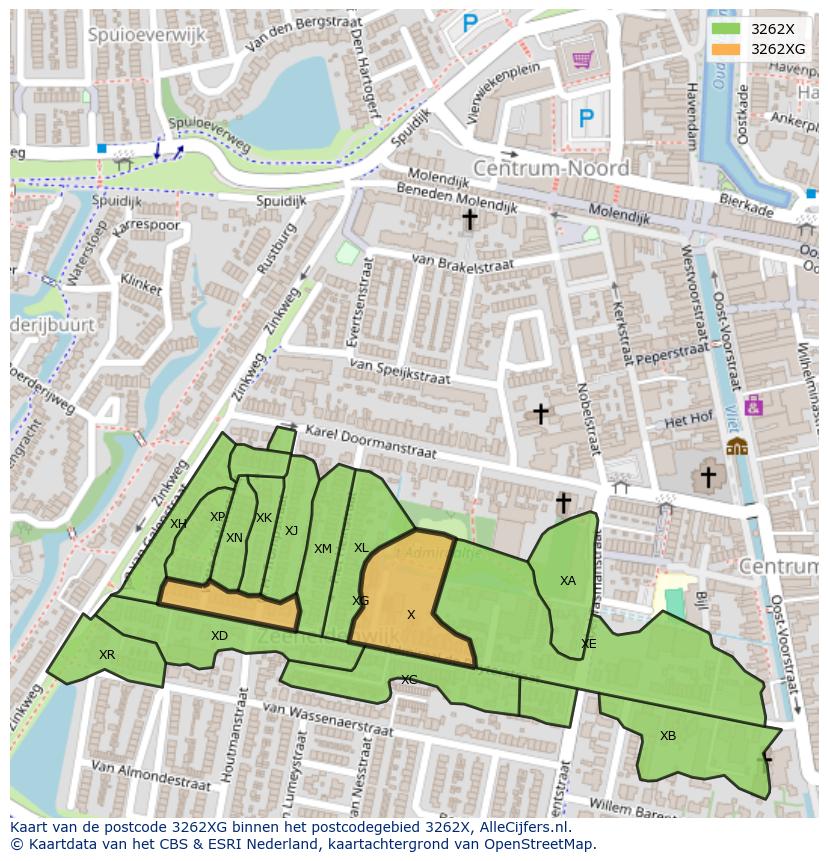 Afbeelding van het postcodegebied 3262 XG op de kaart.