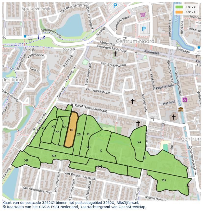 Afbeelding van het postcodegebied 3262 XJ op de kaart.