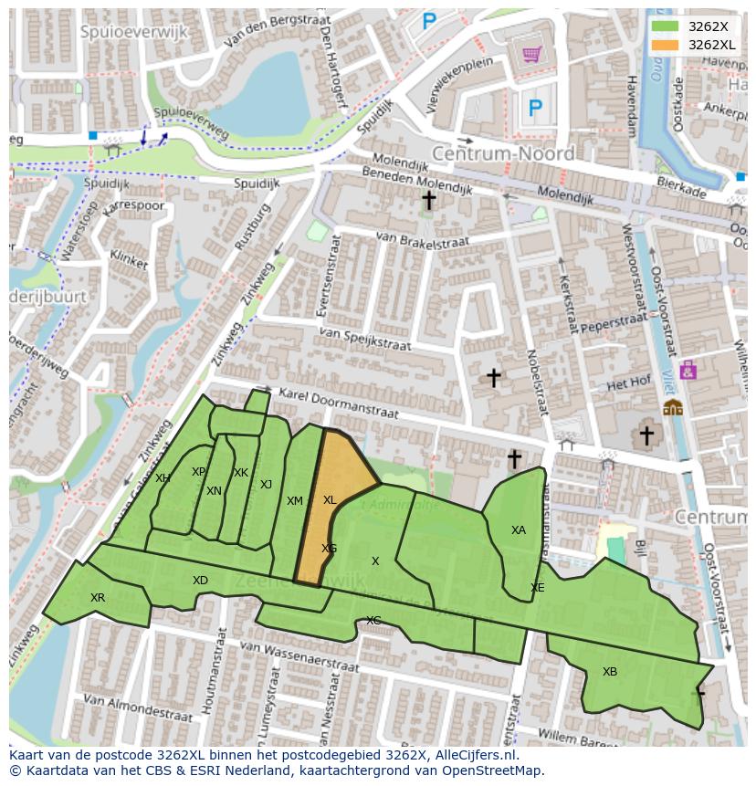 Afbeelding van het postcodegebied 3262 XL op de kaart.