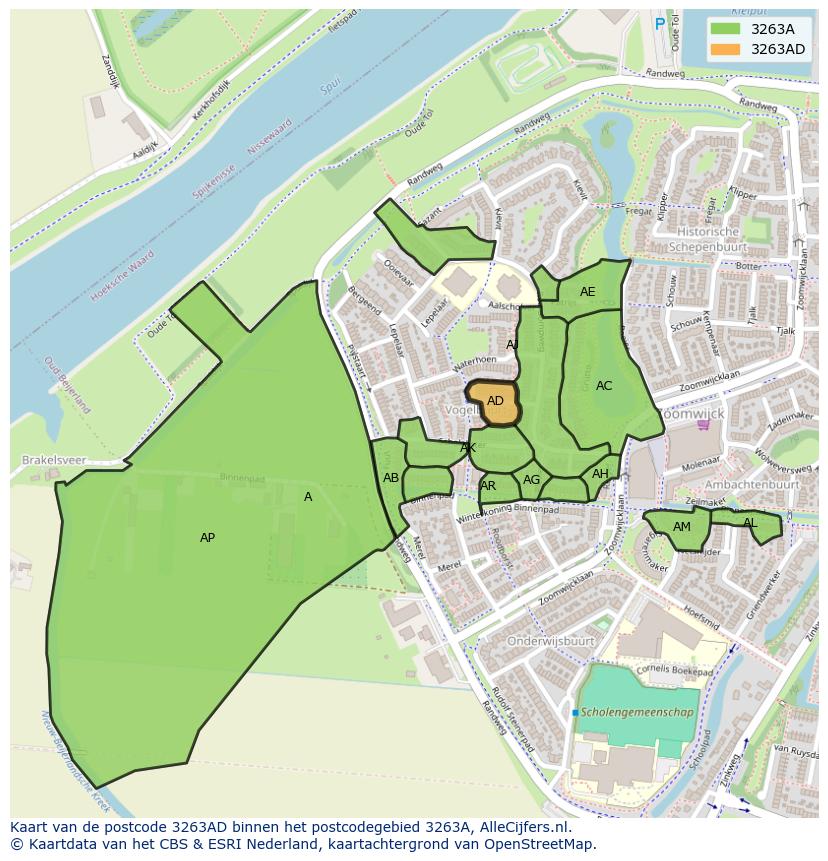 Afbeelding van het postcodegebied 3263 AD op de kaart.