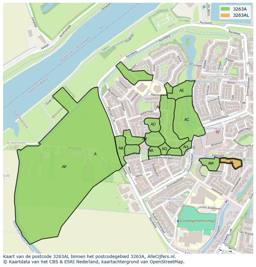 Afbeelding van het postcodegebied 3263 AL op de kaart.