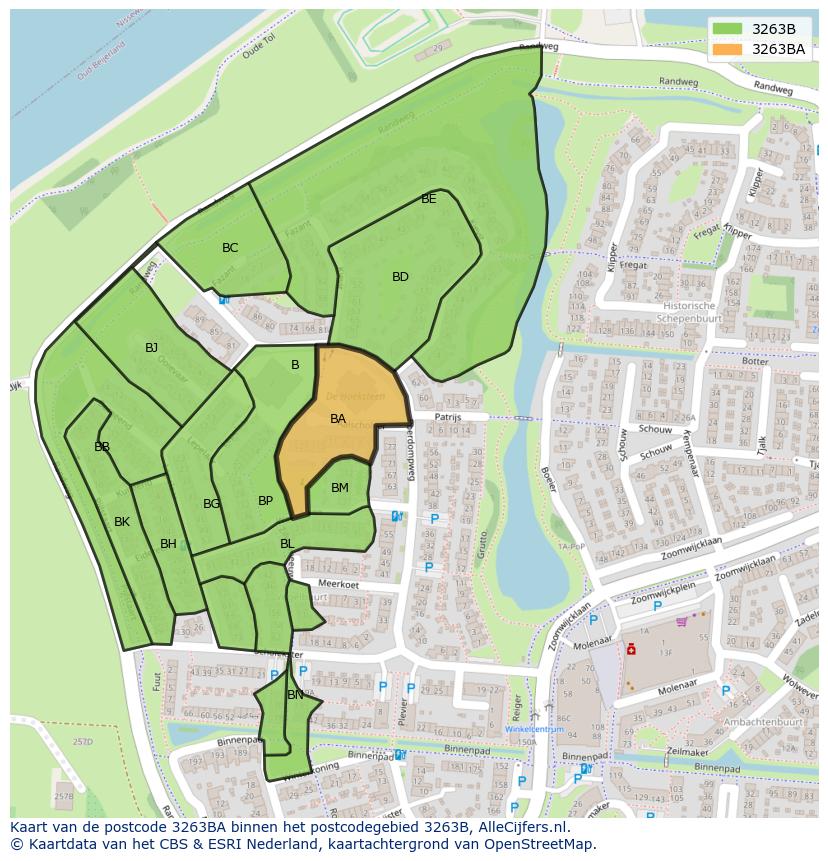 Afbeelding van het postcodegebied 3263 BA op de kaart.