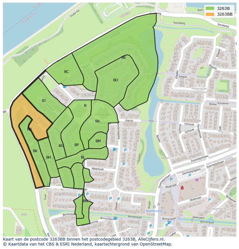 Afbeelding van het postcodegebied 3263 BB op de kaart.