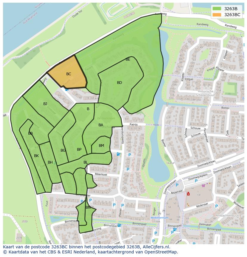 Afbeelding van het postcodegebied 3263 BC op de kaart.