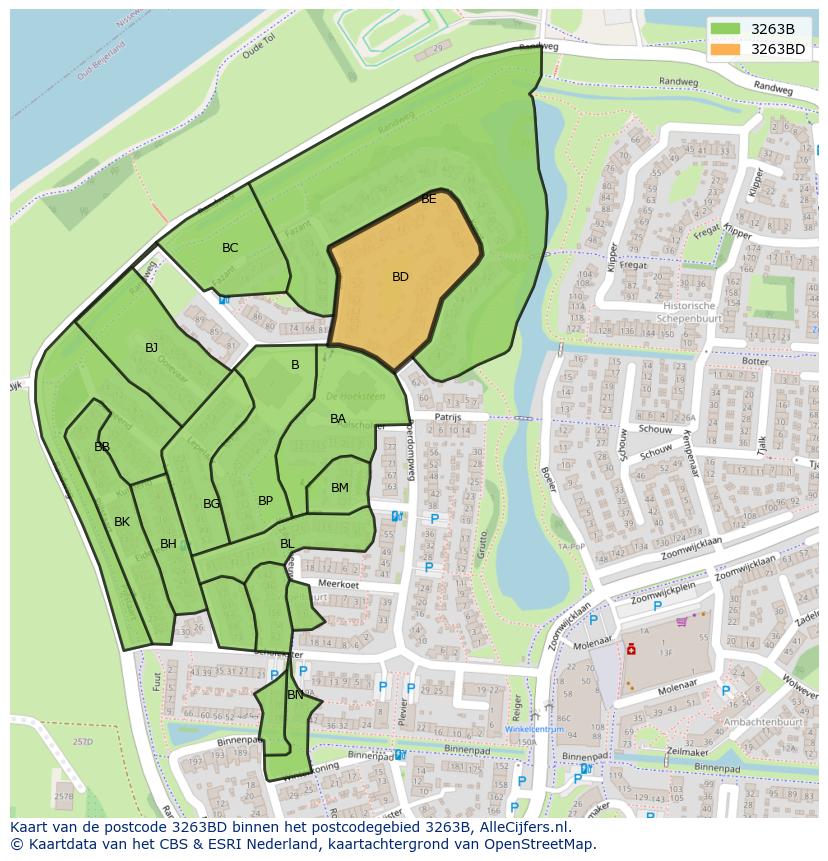 Afbeelding van het postcodegebied 3263 BD op de kaart.