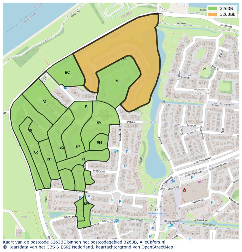 Afbeelding van het postcodegebied 3263 BE op de kaart.