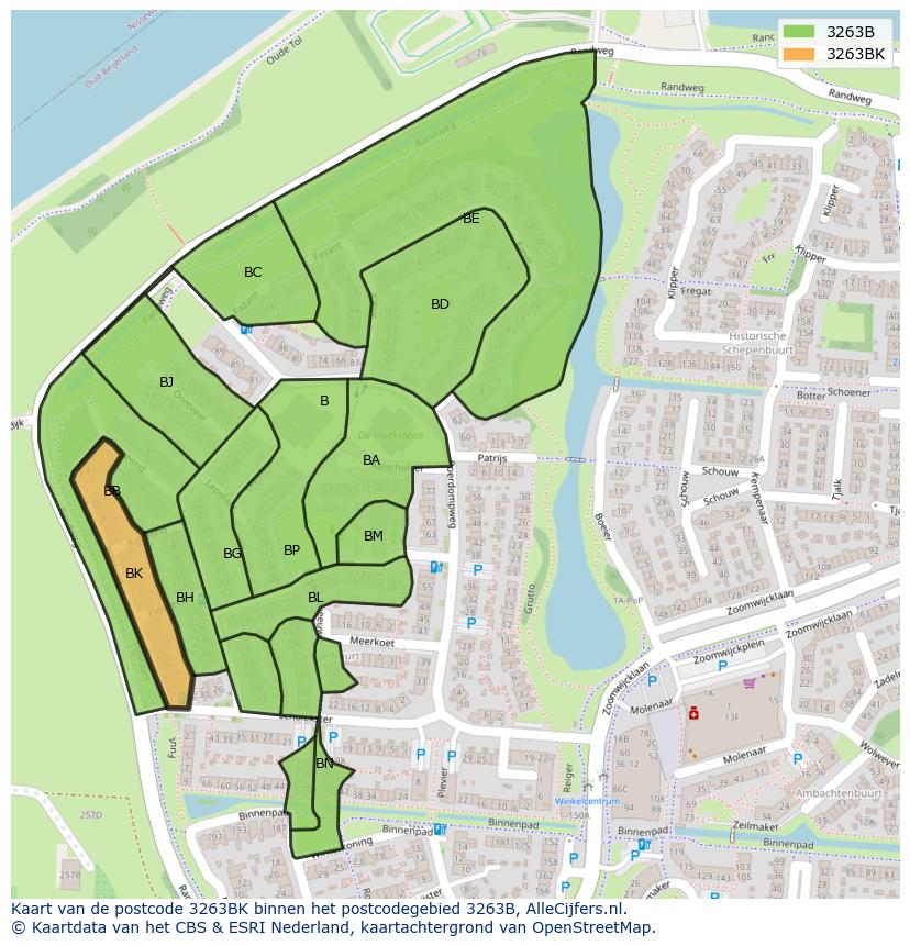 Afbeelding van het postcodegebied 3263 BK op de kaart.