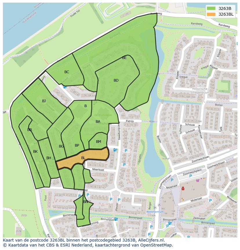 Afbeelding van het postcodegebied 3263 BL op de kaart.