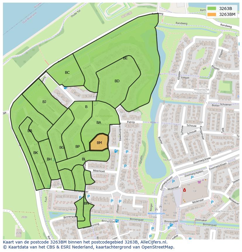 Afbeelding van het postcodegebied 3263 BM op de kaart.