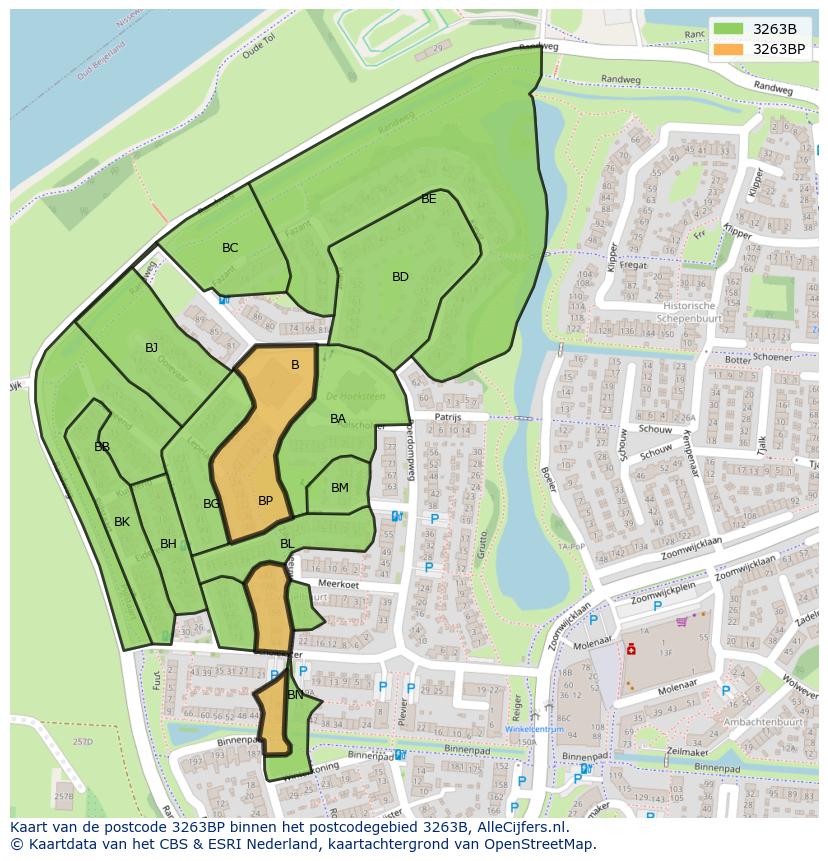 Afbeelding van het postcodegebied 3263 BP op de kaart.