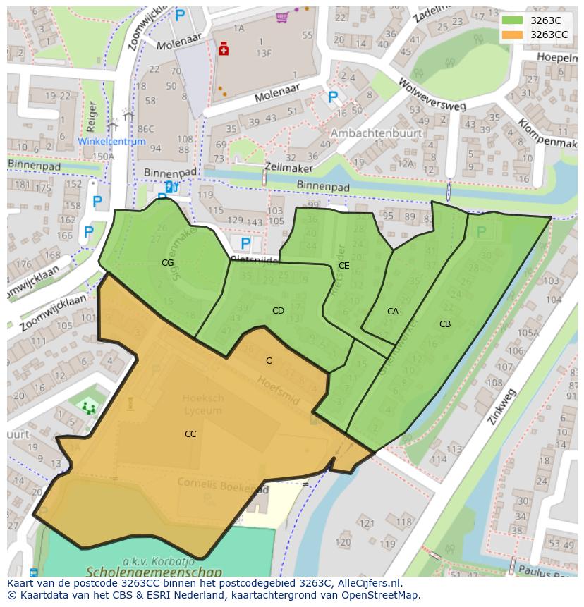 Afbeelding van het postcodegebied 3263 CC op de kaart.