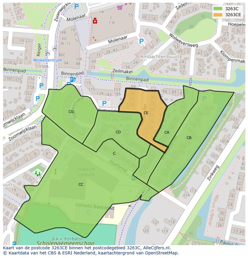 Afbeelding van het postcodegebied 3263 CE op de kaart.