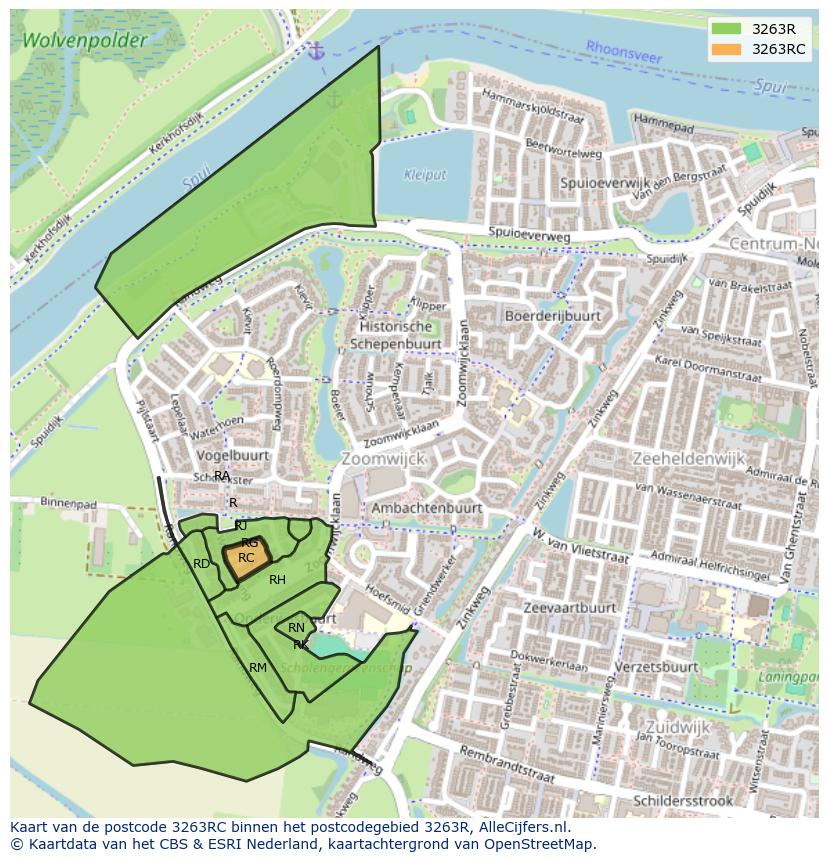 Afbeelding van het postcodegebied 3263 RC op de kaart.