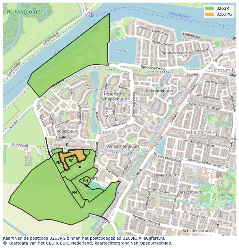 Afbeelding van het postcodegebied 3263 RG op de kaart.