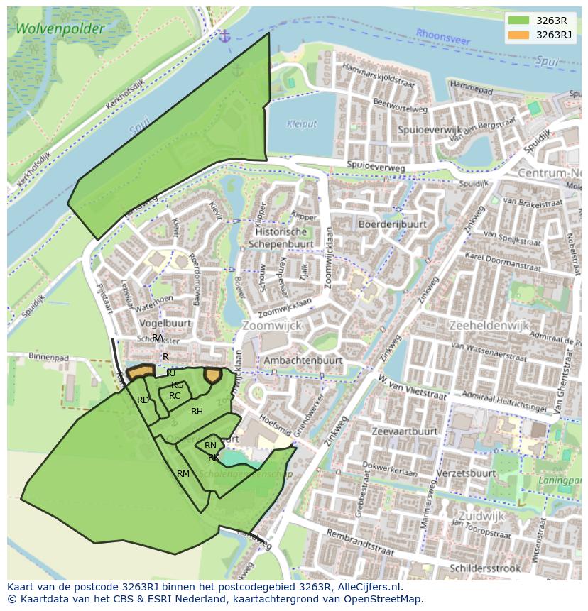 Afbeelding van het postcodegebied 3263 RJ op de kaart.