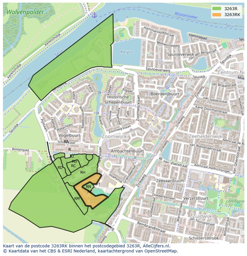 Afbeelding van het postcodegebied 3263 RK op de kaart.