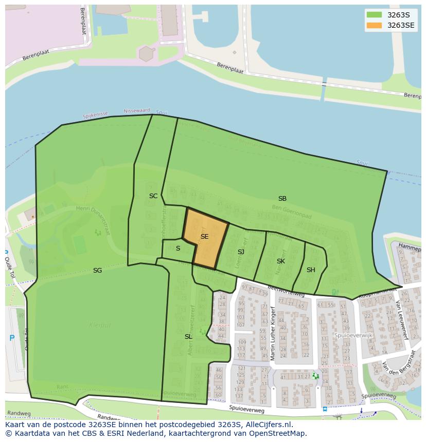 Afbeelding van het postcodegebied 3263 SE op de kaart.