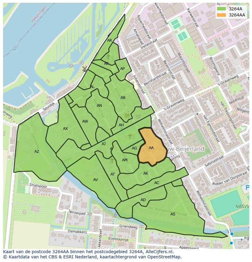 Afbeelding van het postcodegebied 3264 AA op de kaart.