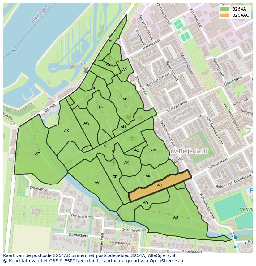 Afbeelding van het postcodegebied 3264 AC op de kaart.