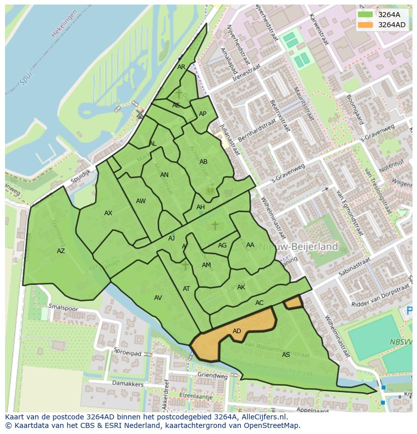 Afbeelding van het postcodegebied 3264 AD op de kaart.