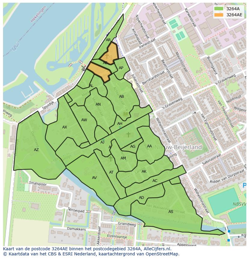 Afbeelding van het postcodegebied 3264 AE op de kaart.