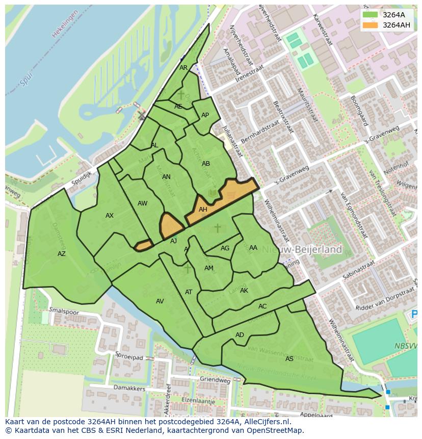 Afbeelding van het postcodegebied 3264 AH op de kaart.