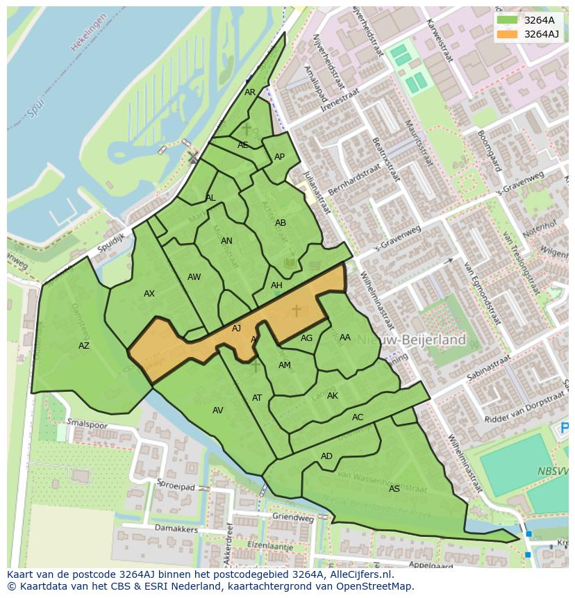Afbeelding van het postcodegebied 3264 AJ op de kaart.