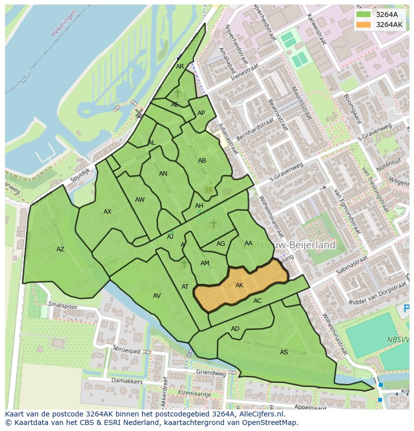 Afbeelding van het postcodegebied 3264 AK op de kaart.
