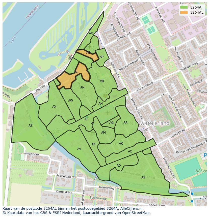 Afbeelding van het postcodegebied 3264 AL op de kaart.