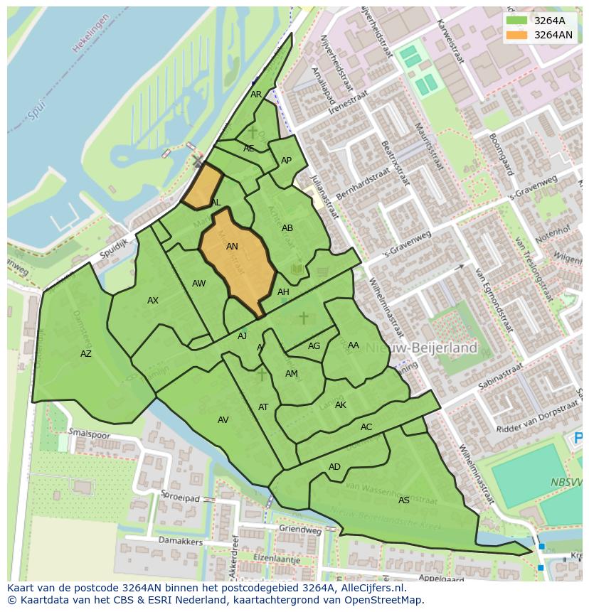 Afbeelding van het postcodegebied 3264 AN op de kaart.