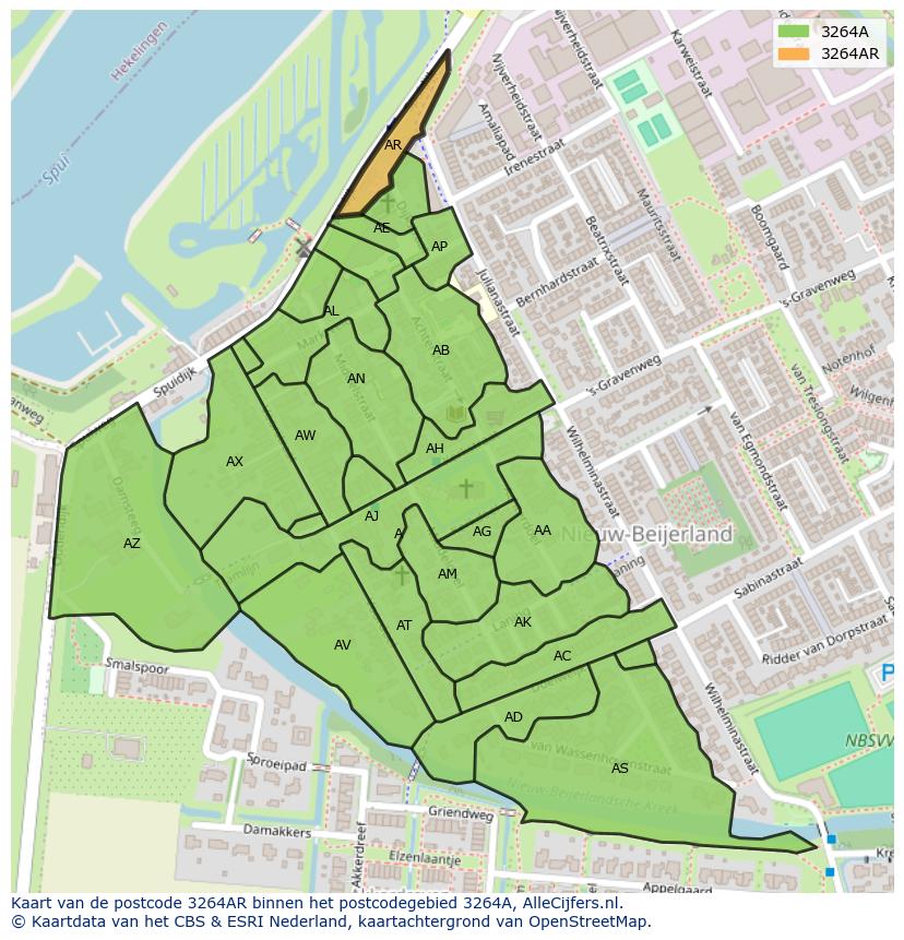 Afbeelding van het postcodegebied 3264 AR op de kaart.