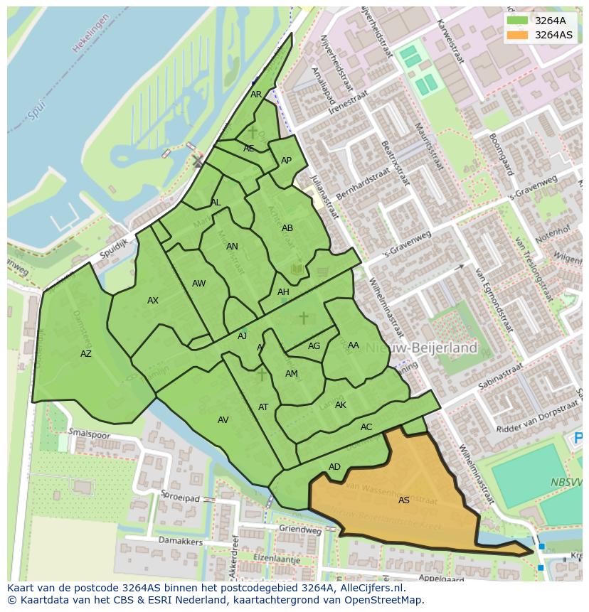Afbeelding van het postcodegebied 3264 AS op de kaart.