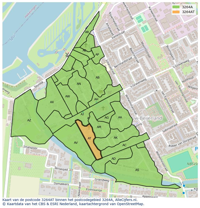 Afbeelding van het postcodegebied 3264 AT op de kaart.