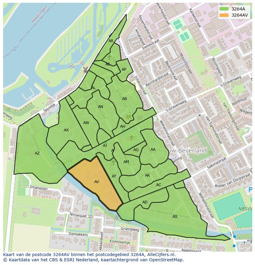 Afbeelding van het postcodegebied 3264 AV op de kaart.